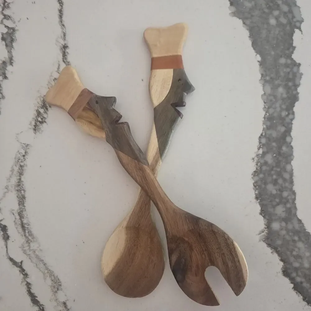 Vintage Hand-Carved Wooden Salad Server Set | Folk Art Chef Face Handles | 12